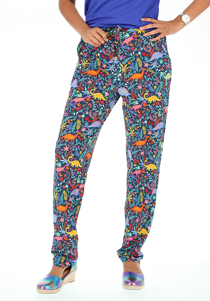 Front view of Taylen Teal Dinosaur Print Harem Pants, taylen Teal Dinosaur Print Harem Pants Comfort meets personality.