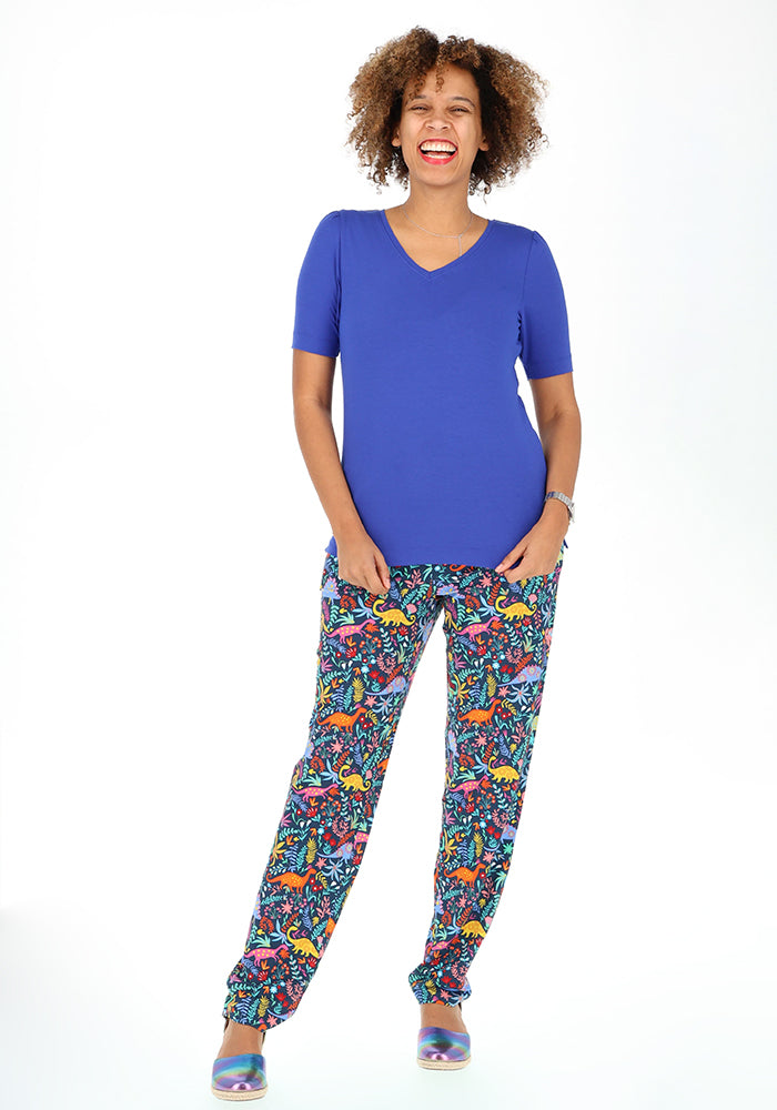 Fourth angle of Taylen Teal Dinosaur Print Harem Pants, taylen Teal Dinosaur Print Harem Pants Comfort meets personality.