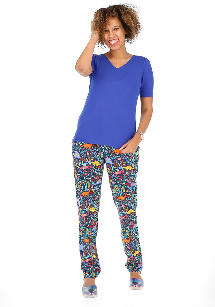 Second angle of Taylen Teal Dinosaur Print Harem Pants, taylen Teal Dinosaur Print Harem Pants Comfort meets personality.