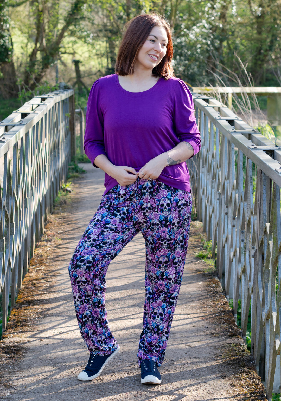 Second angle of Taylen Purple Floral Skull Print Viscose Harem Pants