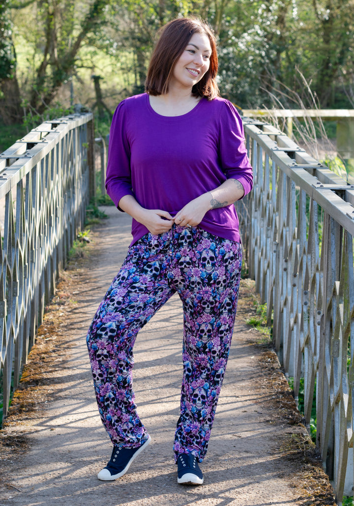 Second angle of Taylen Purple Floral Skull Print Viscose Harem Pants