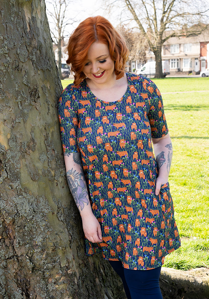 Front view of Taylor Highland Cow Print Jersey Tunic