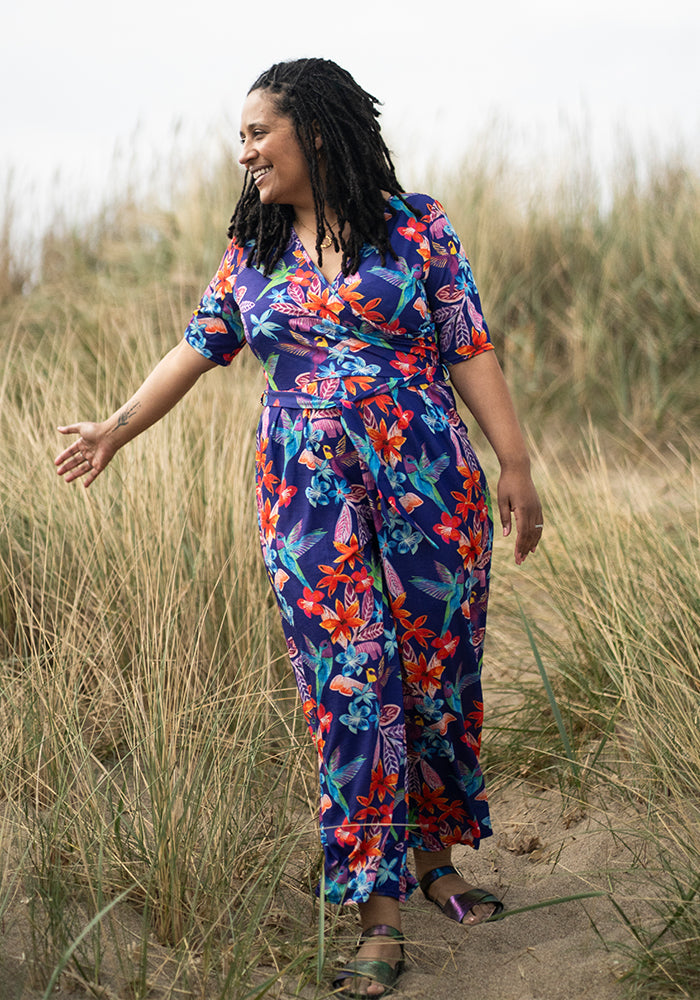 Front view of Teagan-Rae Hummingbird Floral Print Culotte Leg Jumpsuit