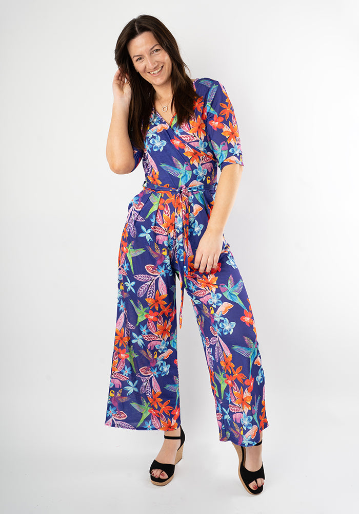 Third angle of Teagan-Rae Hummingbird Floral Print Culotte Leg Jumpsuit