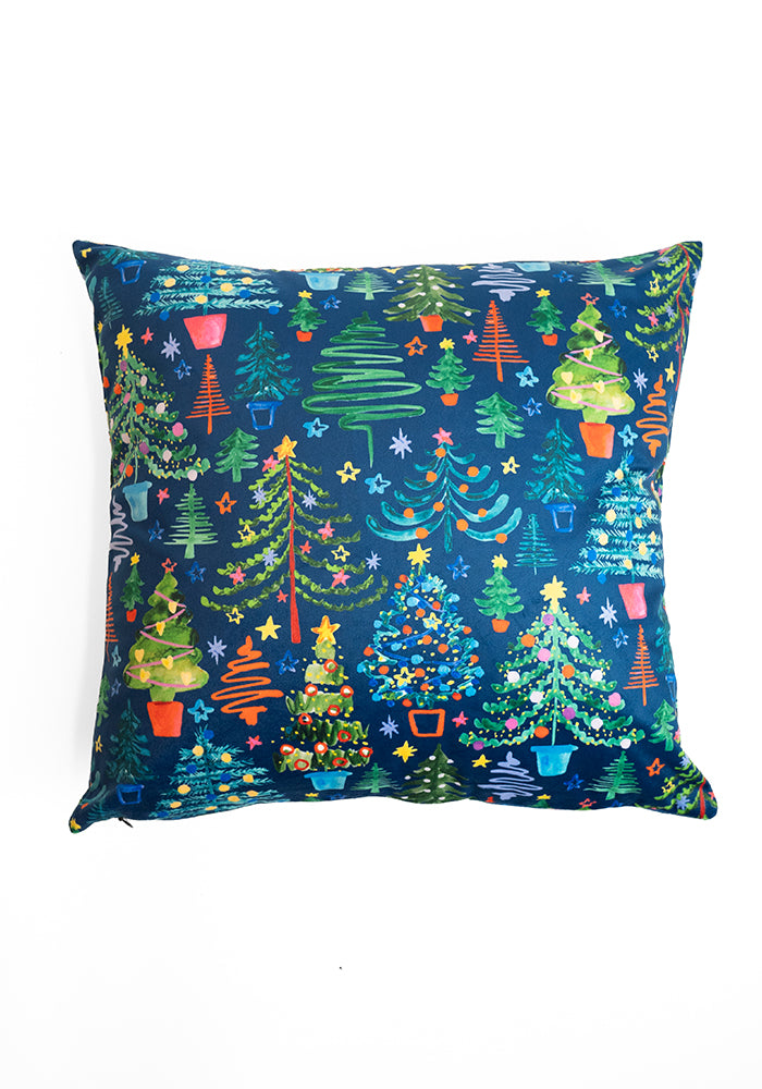Teal Blue Christmas Tree Print Cushion Cover