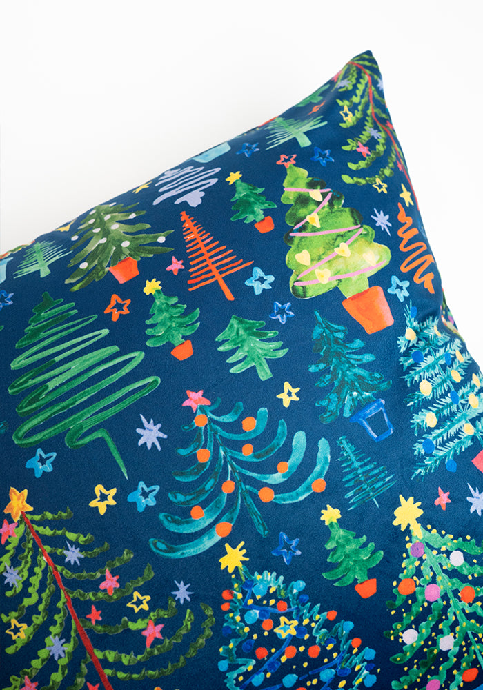 Teal Blue Christmas Tree Print Cushion Cover