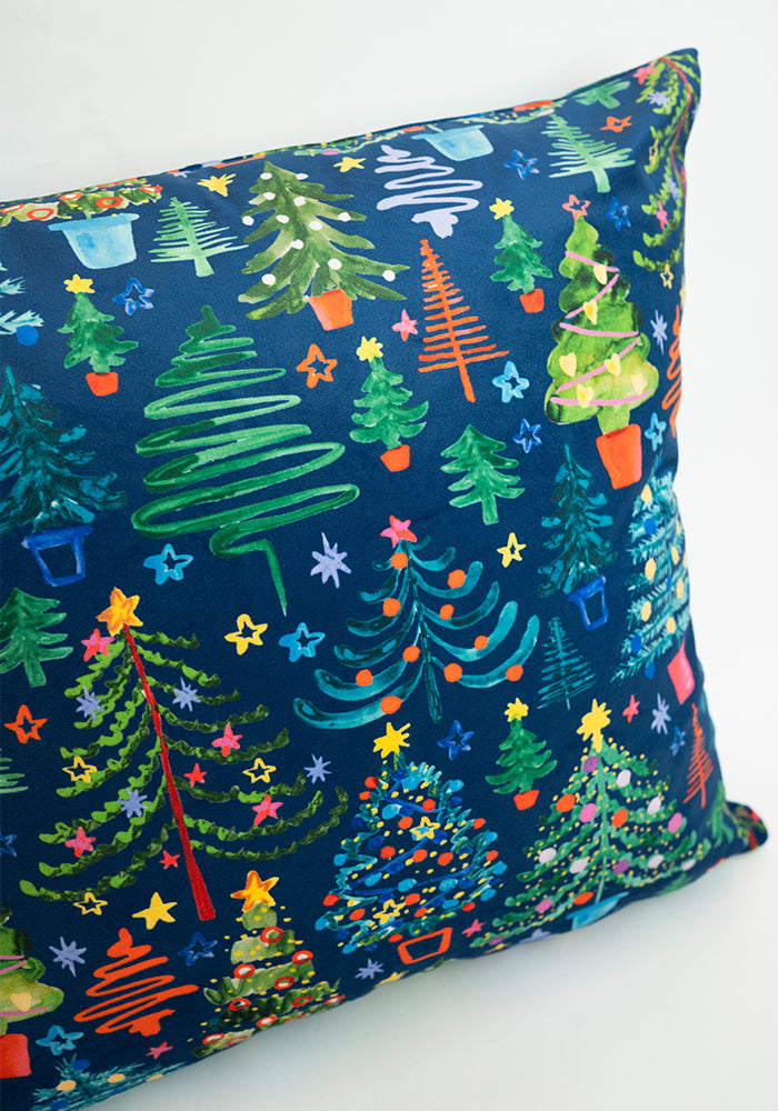 Teal Blue Christmas Tree Print Cushion Cover