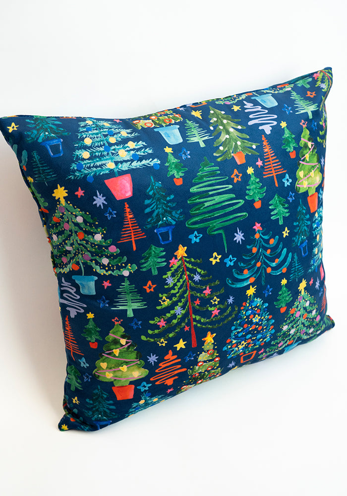Teal Blue Christmas Tree Print Cushion Cover