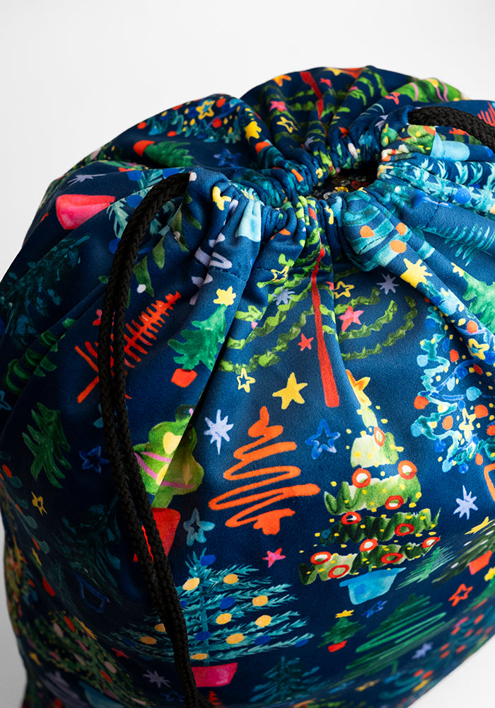 Teal Blue Christmas Trees Print Present Sack