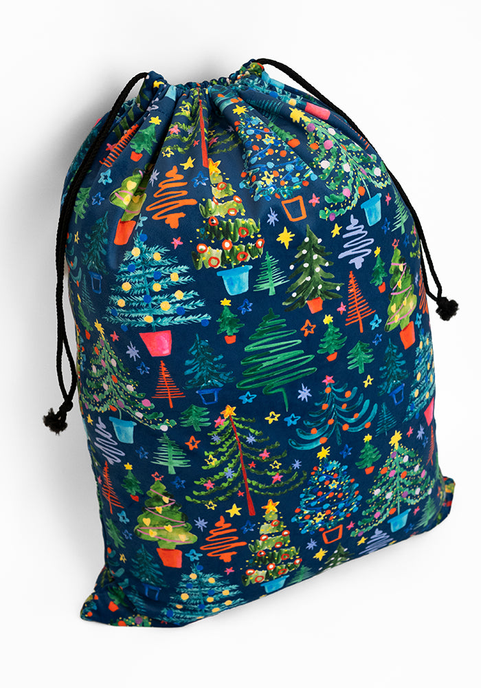 Teal Blue Christmas Trees Print Present Sack