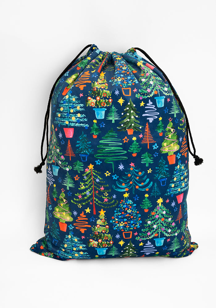 Teal Blue Christmas Trees Print Present Sack