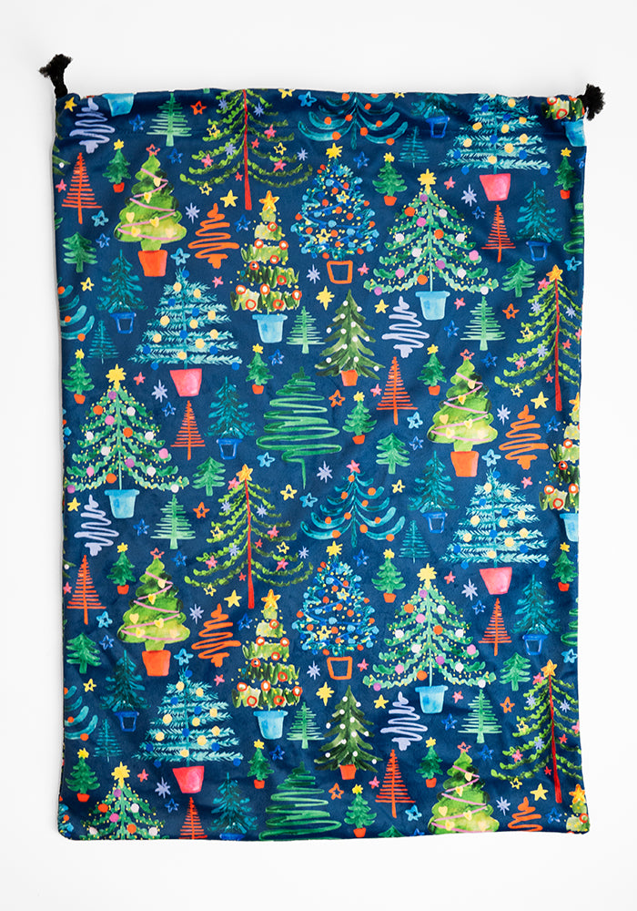 Teal Blue Christmas Trees Print Present Sack