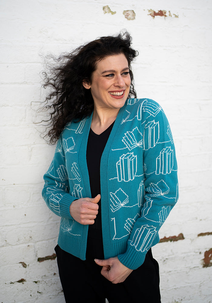 Front view of Teal Book Knit Cardigan