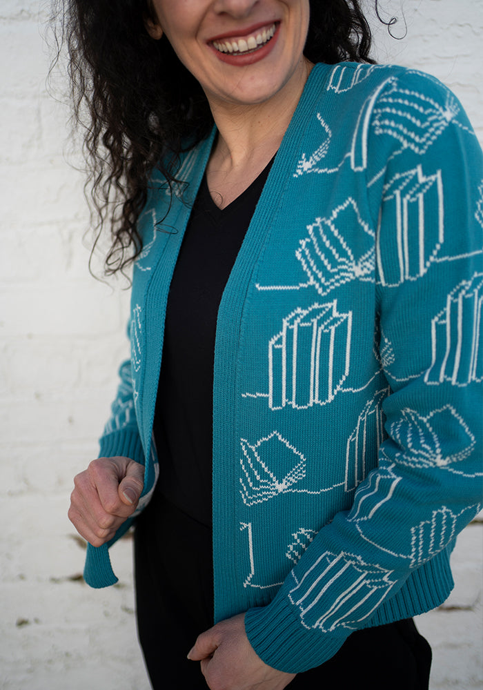 Third angle of Teal Book Knit Cardigan