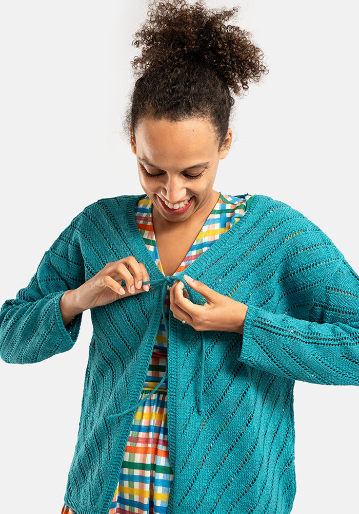 Teal Diagonal Pointelle Cardigan