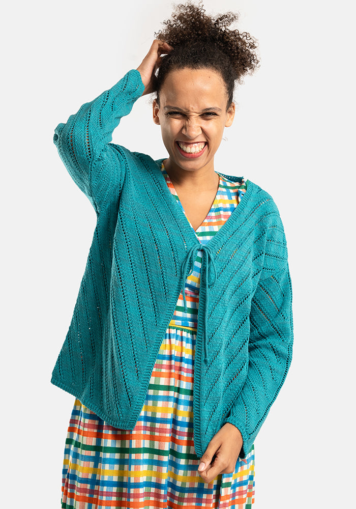 Teal Diagonal Pointelle Cardigan