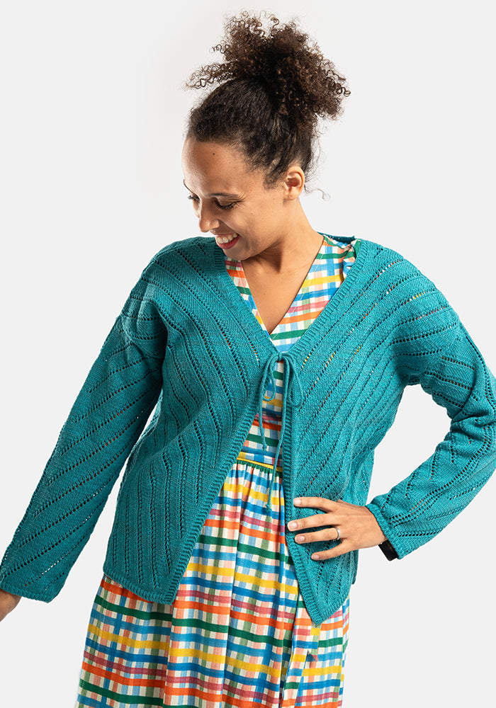 Teal Diagonal Pointelle Cardigan