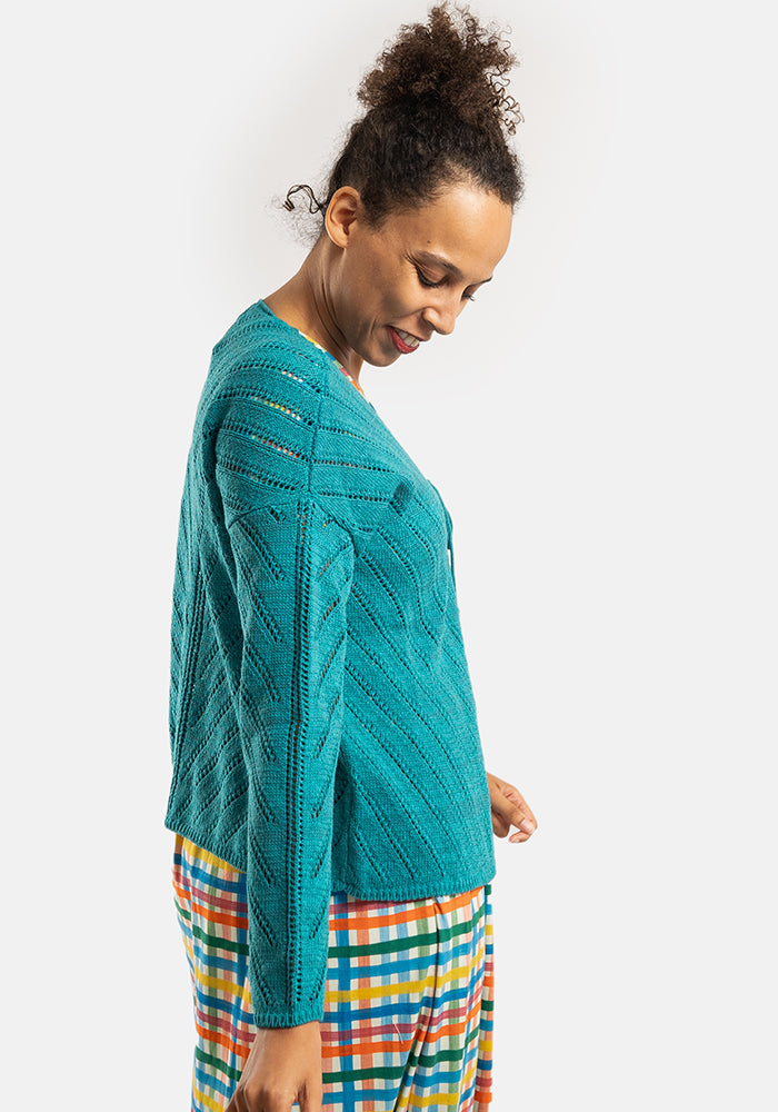 Teal Diagonal Pointelle Cardigan