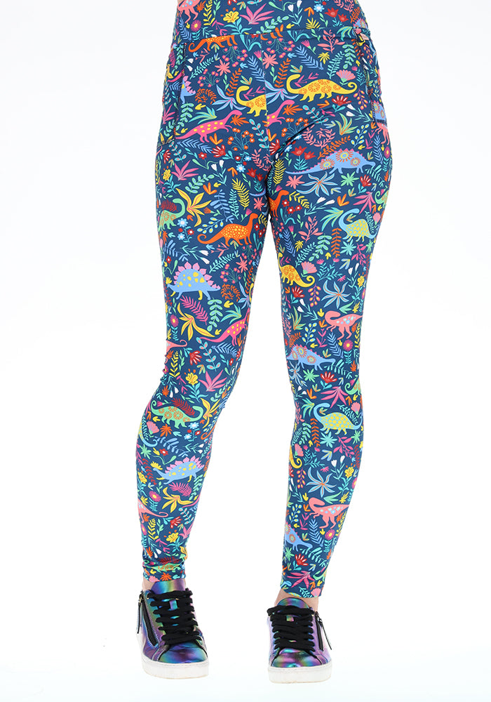 Front view of Heath Teal Dinosaur Print Leggings