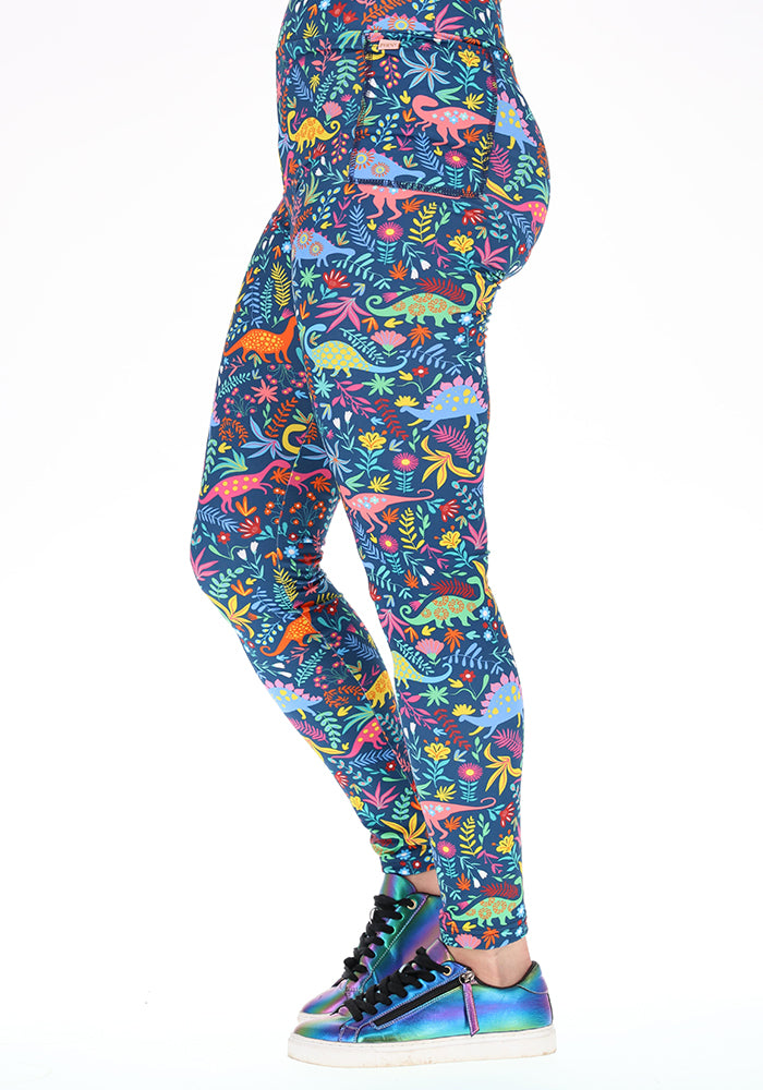Third angle of Heath Teal Dinosaur Print Leggings