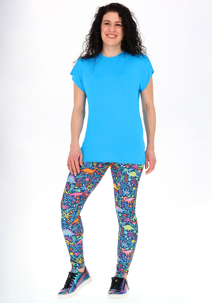 Second angle of Heath Teal Dinosaur Print Leggings