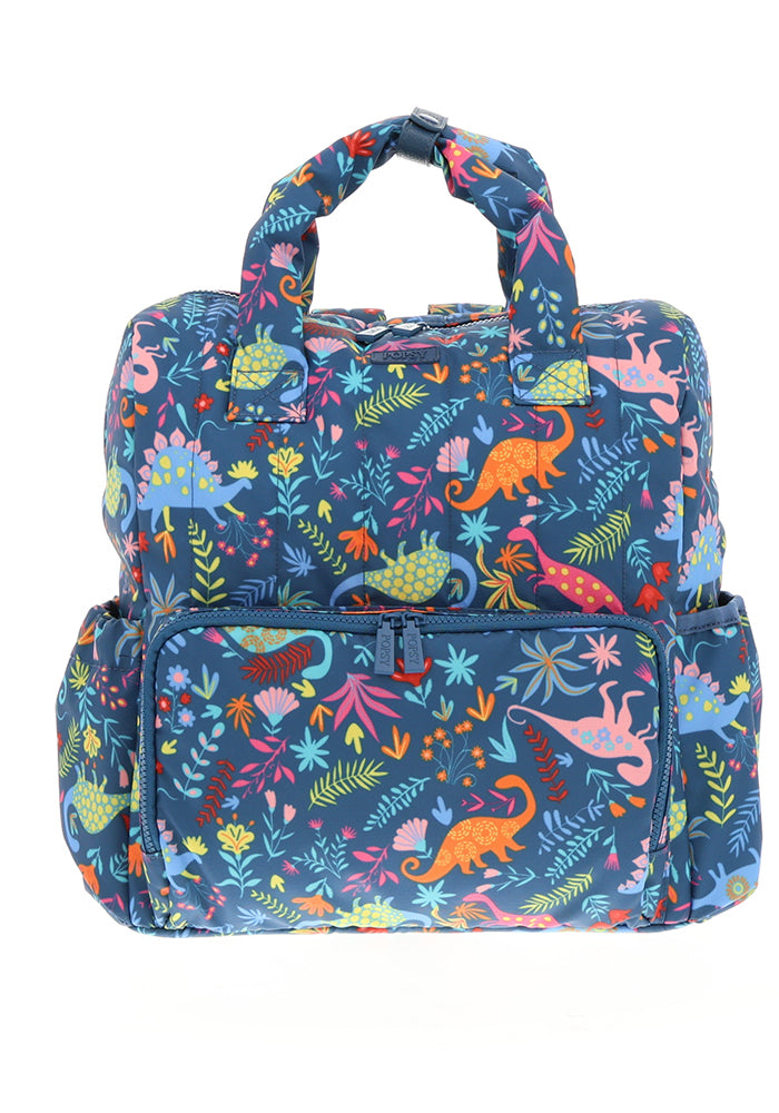 Front view of Teal Dinosaur Maternity Bag