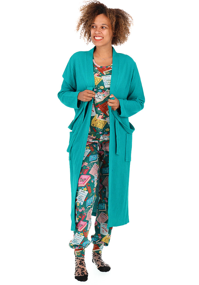 Second angle of Teal Cotton Waffle Dressing Gown