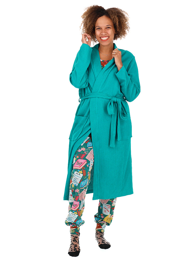 Front view of Teal Cotton Waffle Dressing Gown
