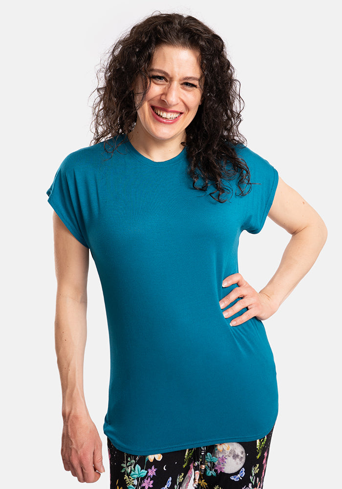 Front view of Teal Extended Shoulder Round Neck Top
