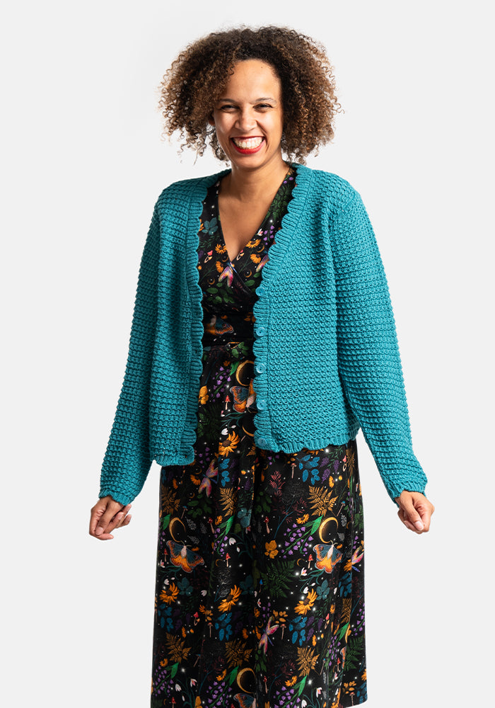 Teal Long Sleeve Scallop Cardigan