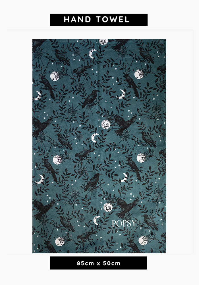 Teal Raven Print Hand Towel