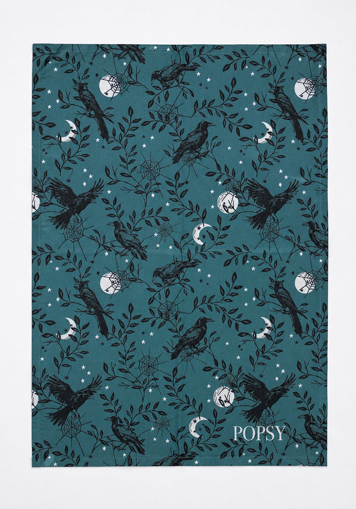 Teal Ravens Print Tea Towel