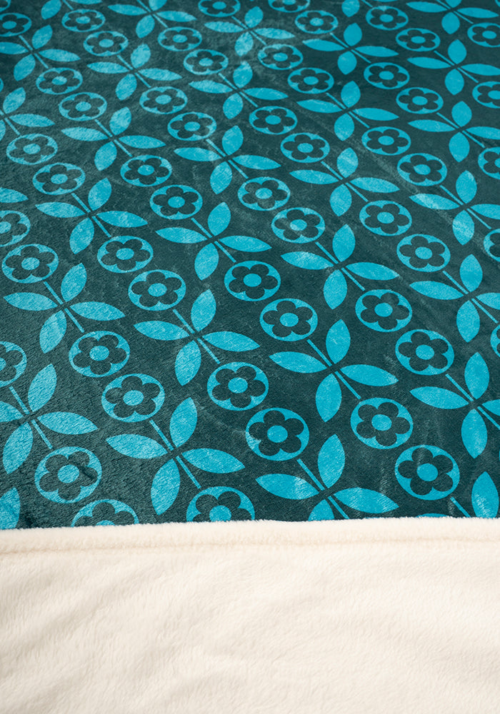 Sixth angle of Teal Retro Flower Print Pop-under Plush Blanket