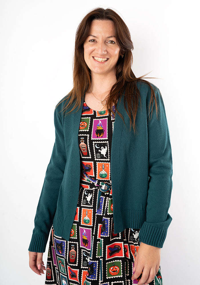 Front view of Teal Ribbed Cuff Knit Cardigan