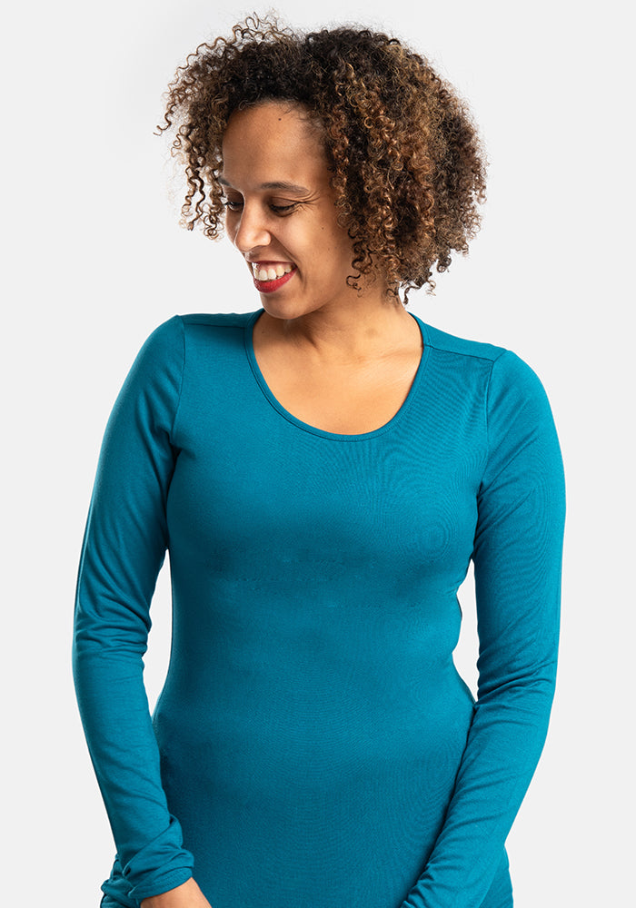 Front view of Teal Long Sleeve Round Neck Top