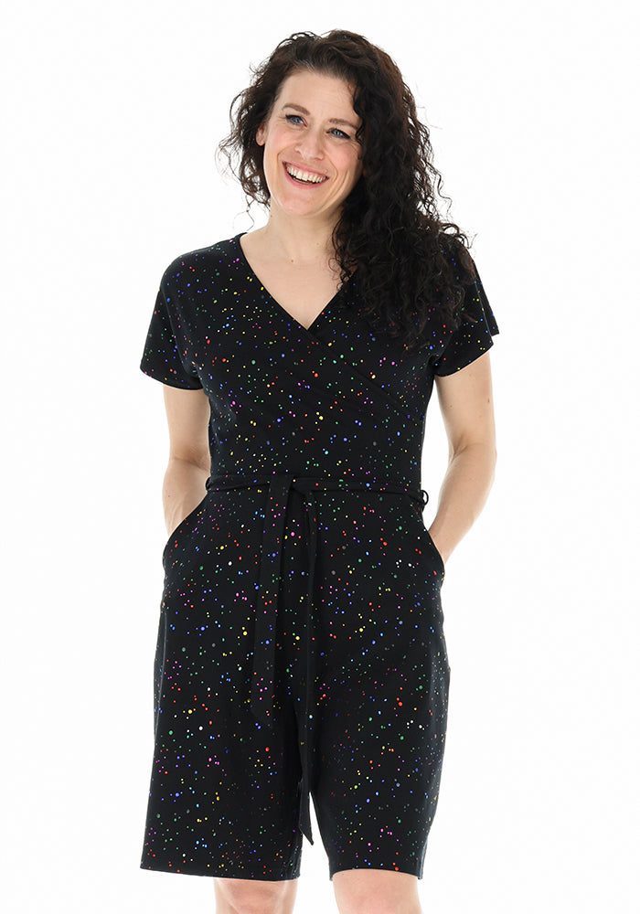 Front view of Telese Rainbow Dot Foil Print Cotton Playsuit