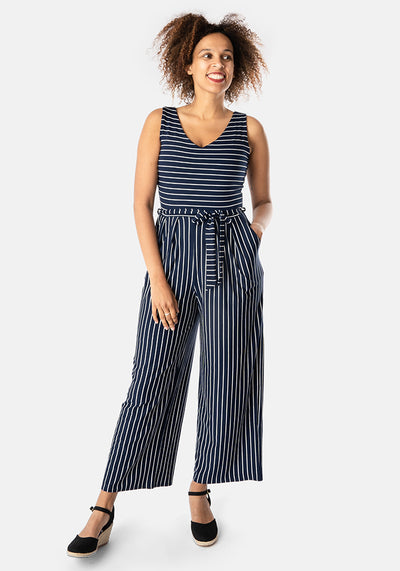 Tenley Navy & Ecru Stripe Culotte Leg Jumpsuit