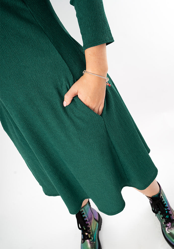 Third angle of Tesni Bottle Green Trapeze Dress