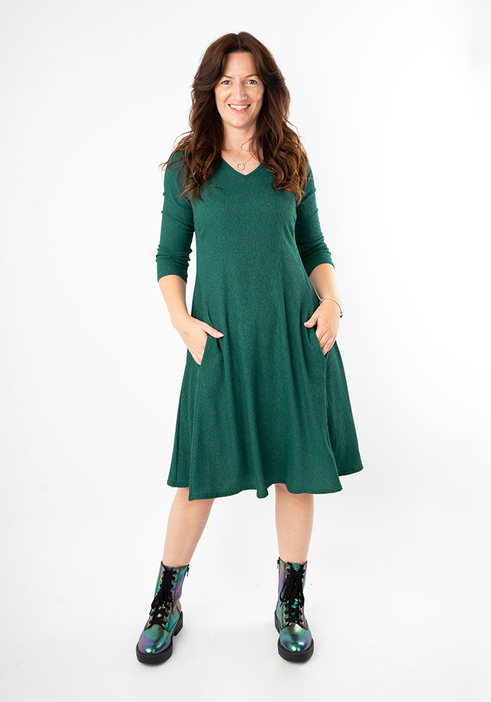 Front view of Tesni Bottle Green Trapeze Dress