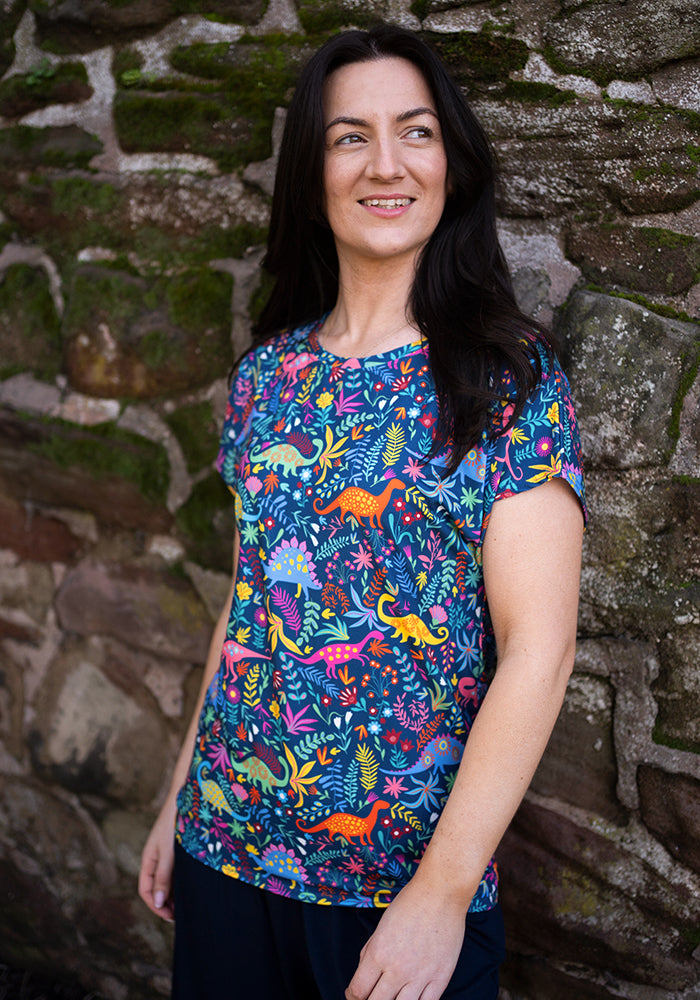 Seventh angle of Tess Teal Dinosaur Print Extended Shoulder Top