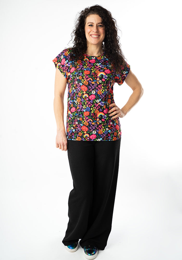 Sixth angle of Tess Garden Rainbow Print Extended Shoulder Top