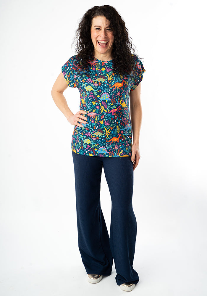 Eighth angle of Tess Teal Dinosaur Print Extended Shoulder Top