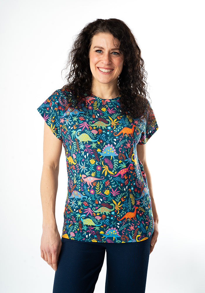 Fourth angle of Tess Teal Dinosaur Print Extended Shoulder Top