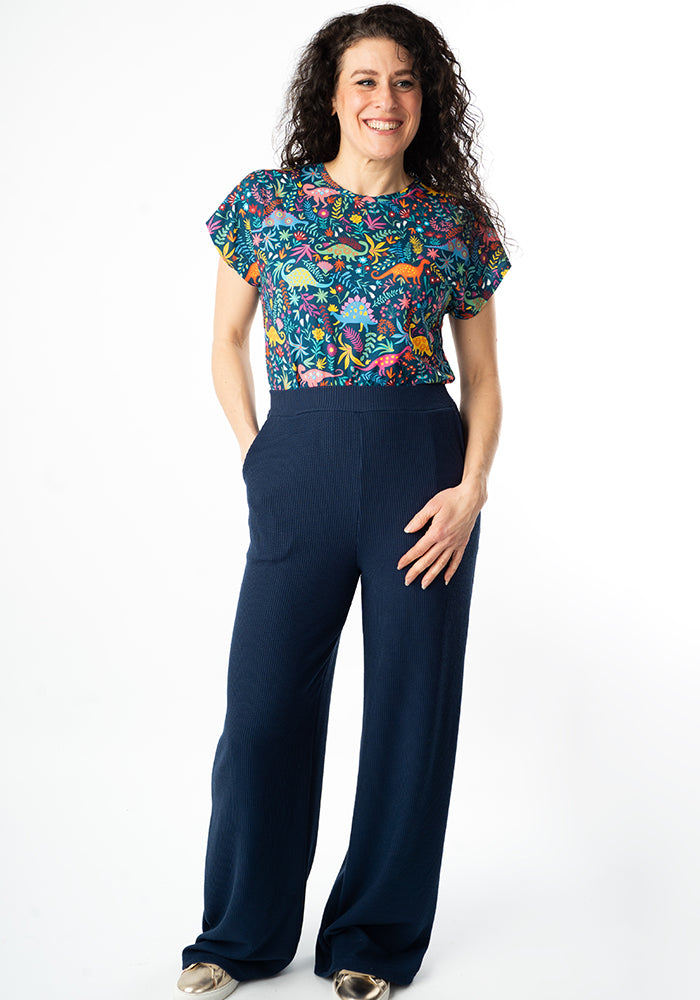 Sixth angle of Tess Teal Dinosaur Print Extended Shoulder Top
