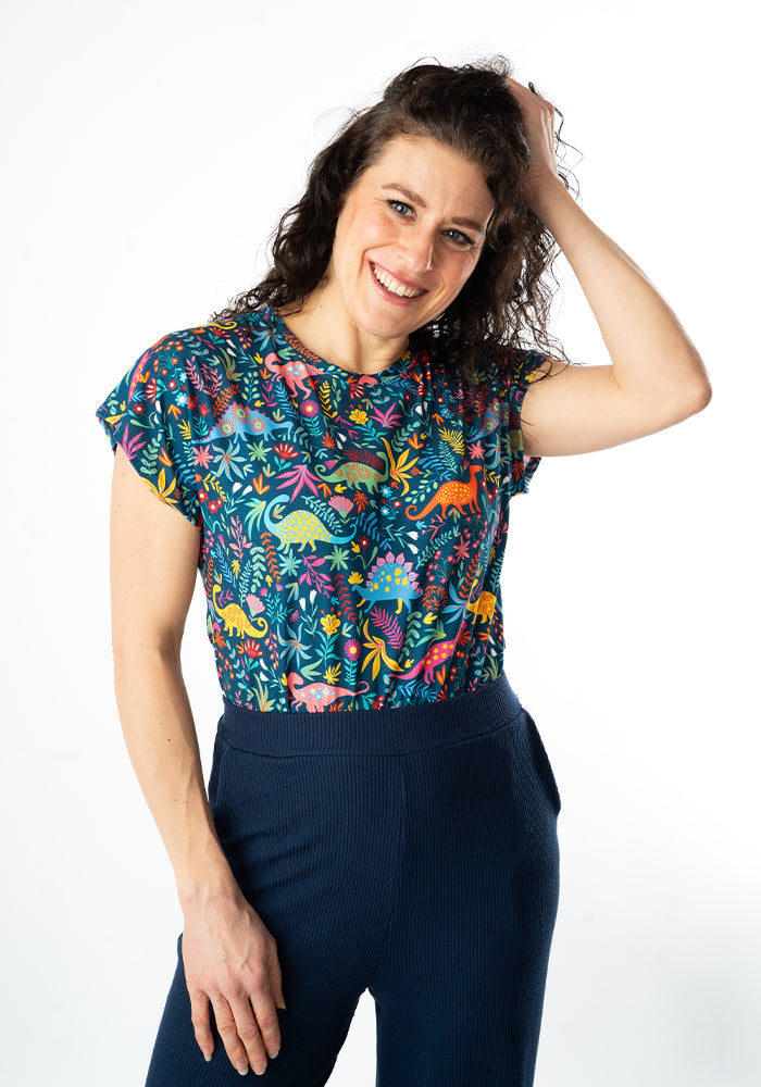 Fifth angle of Tess Teal Dinosaur Print Extended Shoulder Top