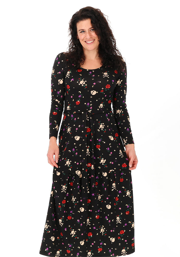 Thalassa Midnight Garden Skulls Print Foil Cotton Midaxi Dress