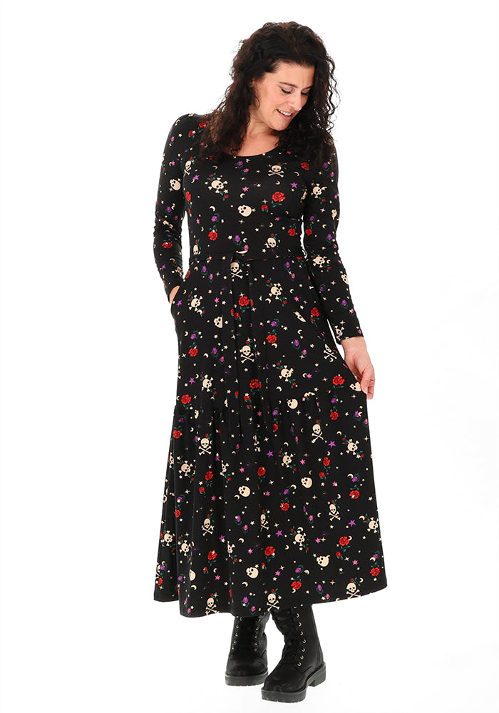 Thalassa Midnight Garden Skulls Print Foil Cotton Midaxi Dress