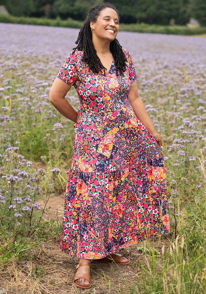 Seventh angle of Theresa Patchwork Floral Print Tiered Hem Midaxi Dress