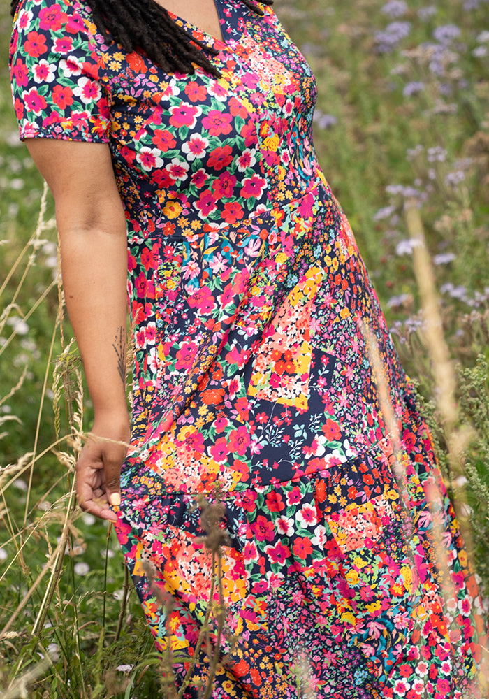Theresa Patchwork Floral Print Tiered Hem Midaxi Dress