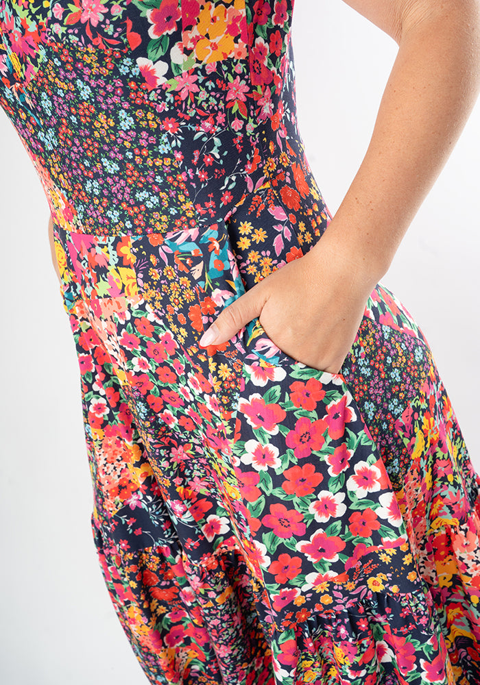 Theresa Patchwork Floral Print Tiered Hem Midaxi Dress